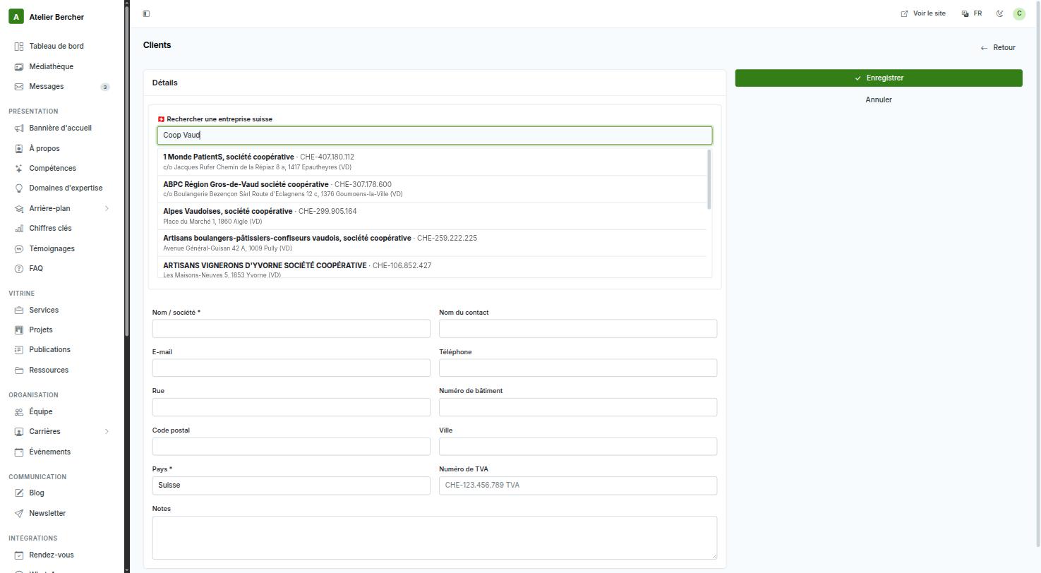 The new client form with the Swiss register search showing matching companies.