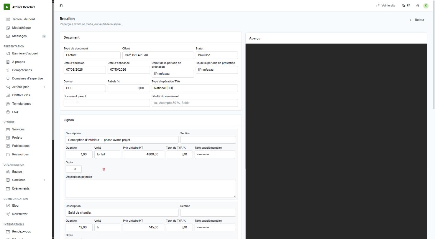 The invoicing studio: the form on the left with document details and lines, the live preview on the right.